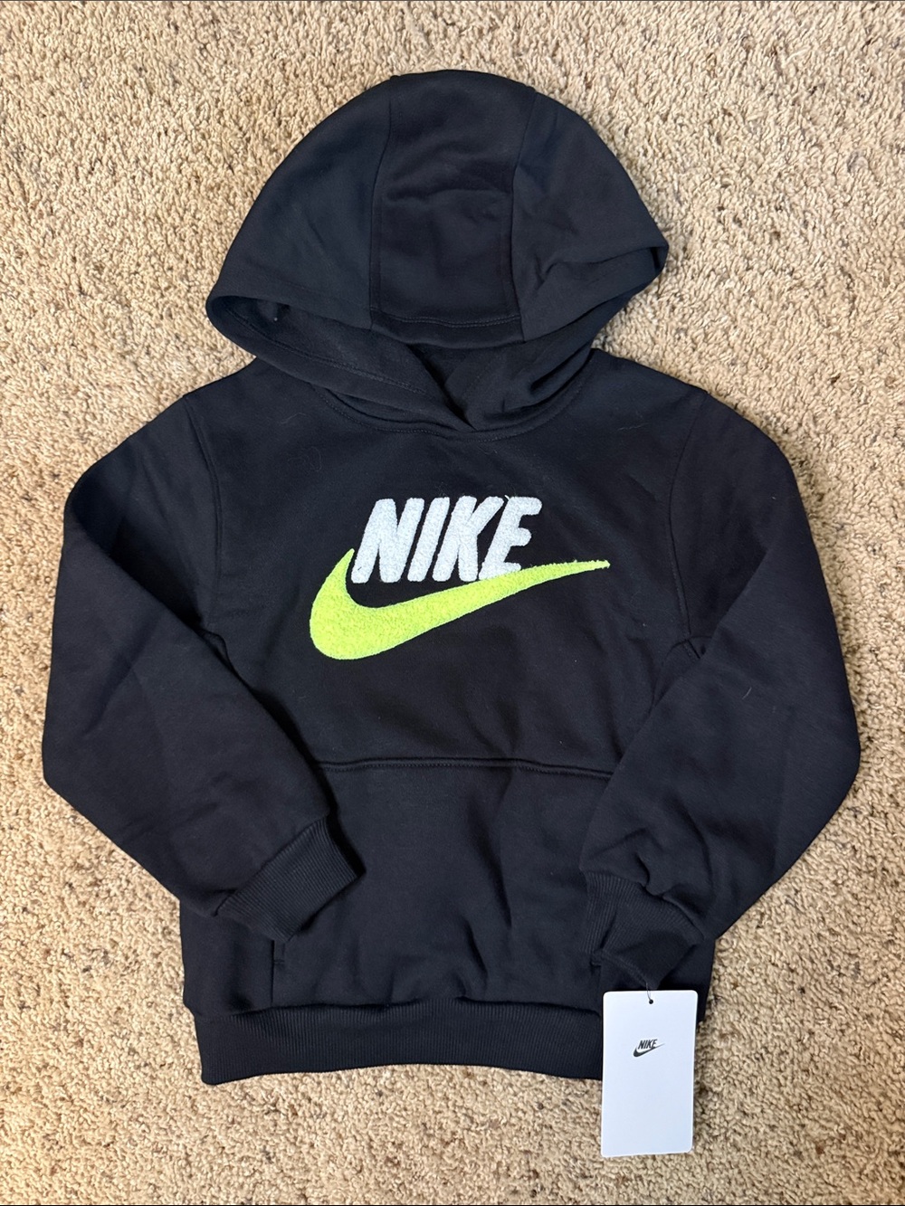 Nike Kids Black Hoodie with Lime Swoosh and White Logo
